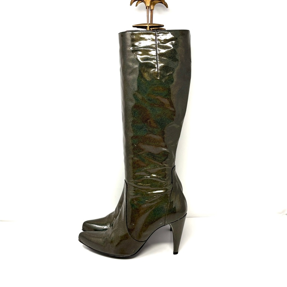 Holographic Metallic Green Patent Knee High Boots 38 - Picture 2 of 15